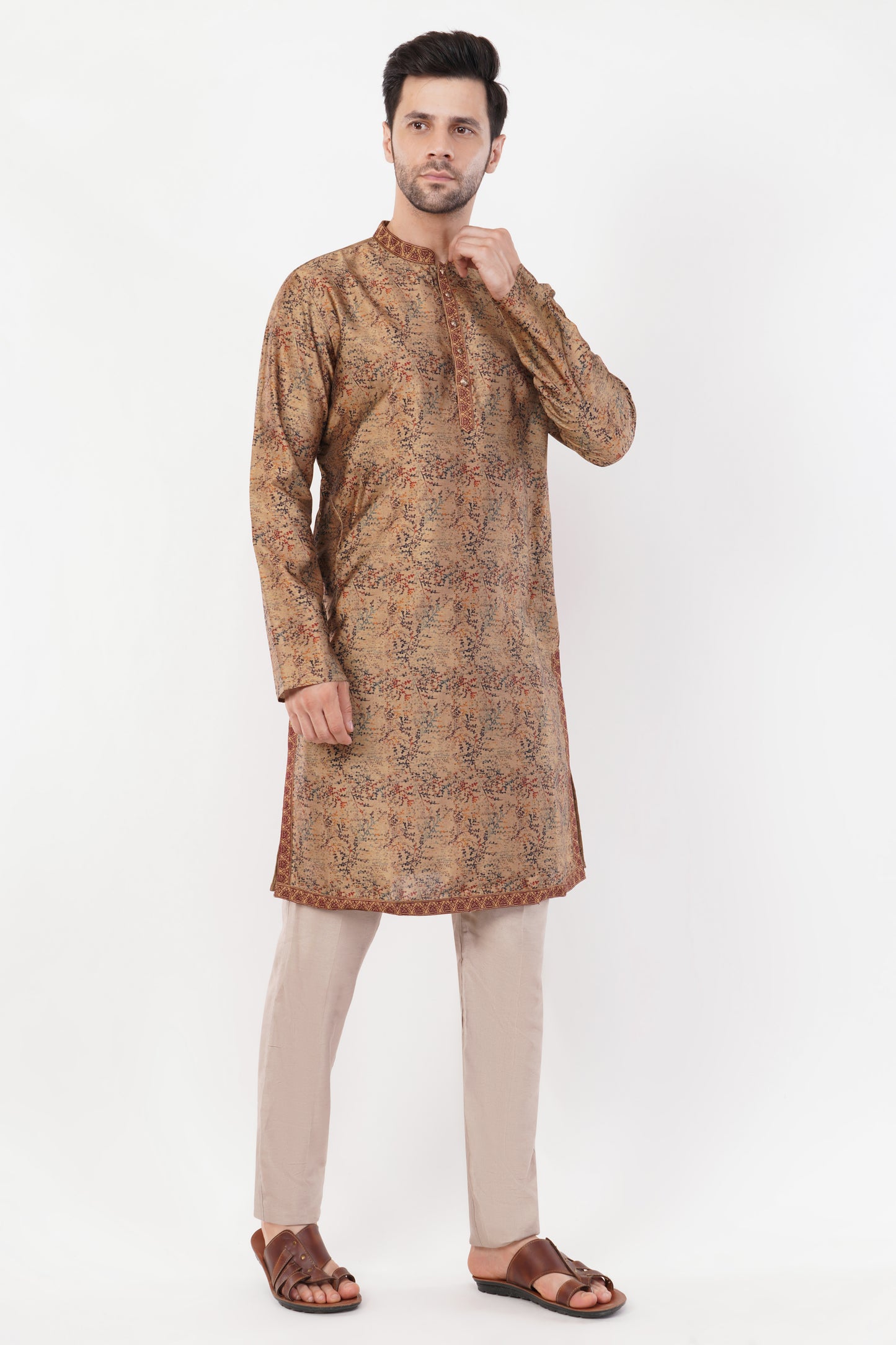 Golden Printed Cotton Elegant Detailing Kurta Set