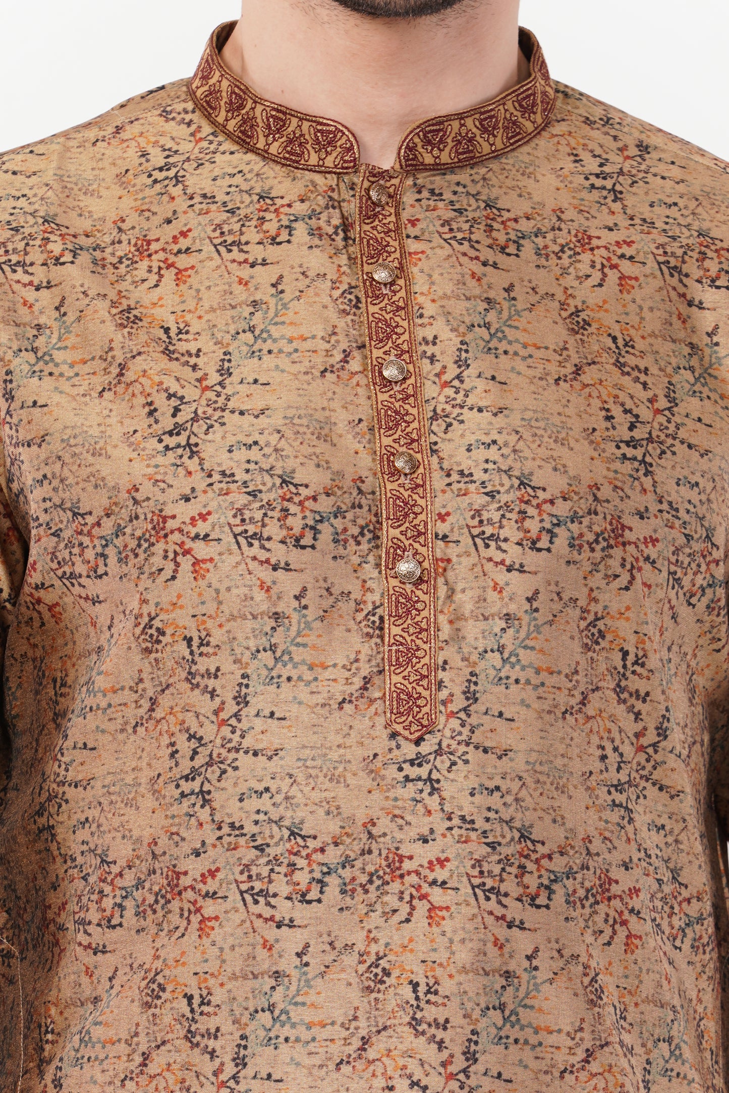 Golden Printed Cotton Elegant Detailing Kurta Set