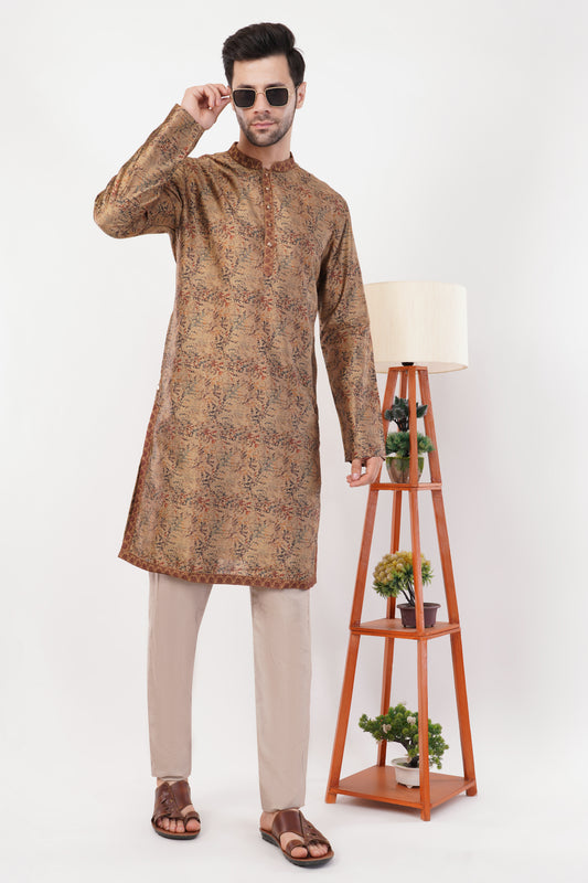 Golden Printed Cotton Elegant Detailing Kurta Set