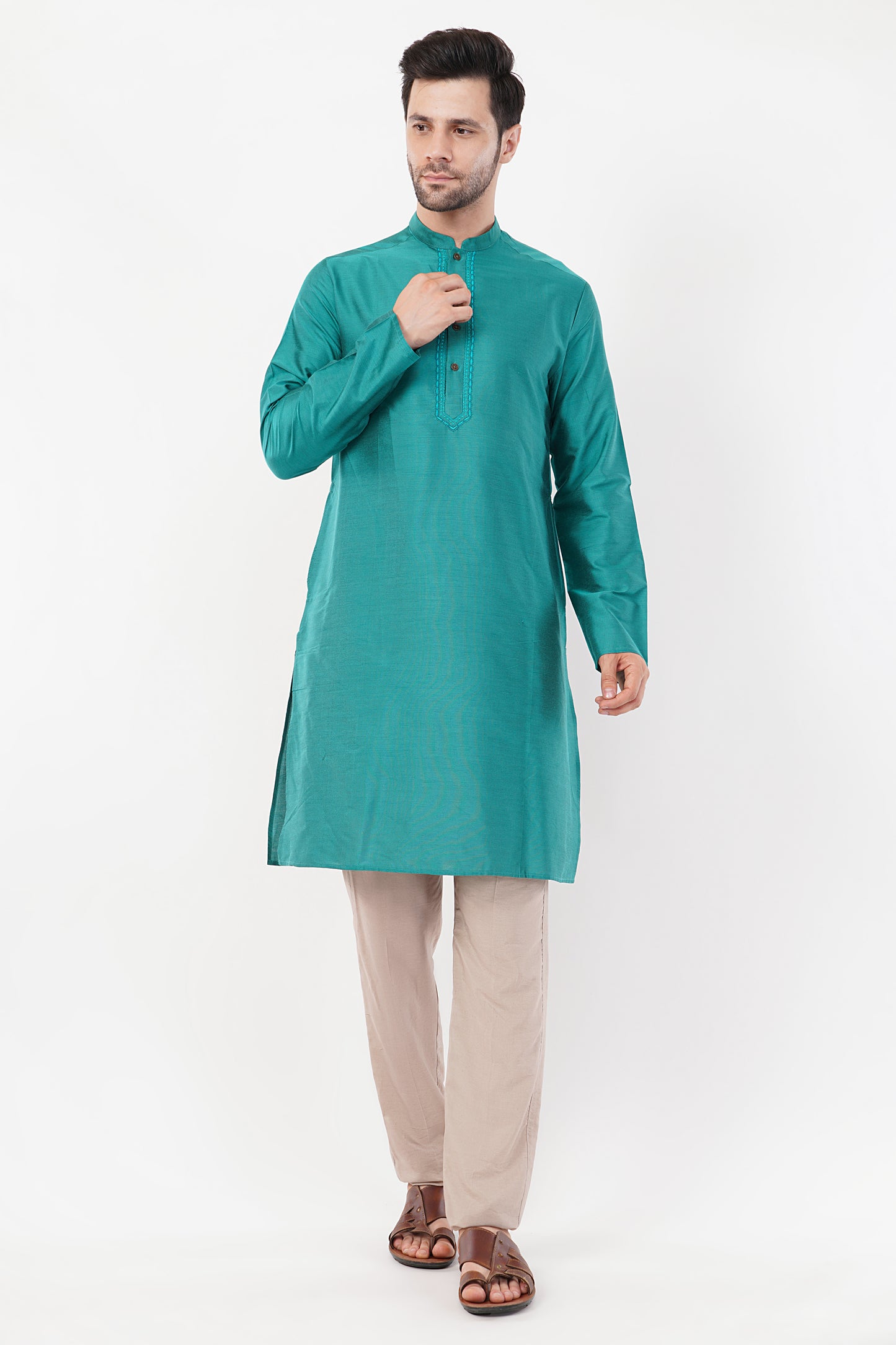 Teal Green Rayon Blend Subtle Embroidered Kurta Set