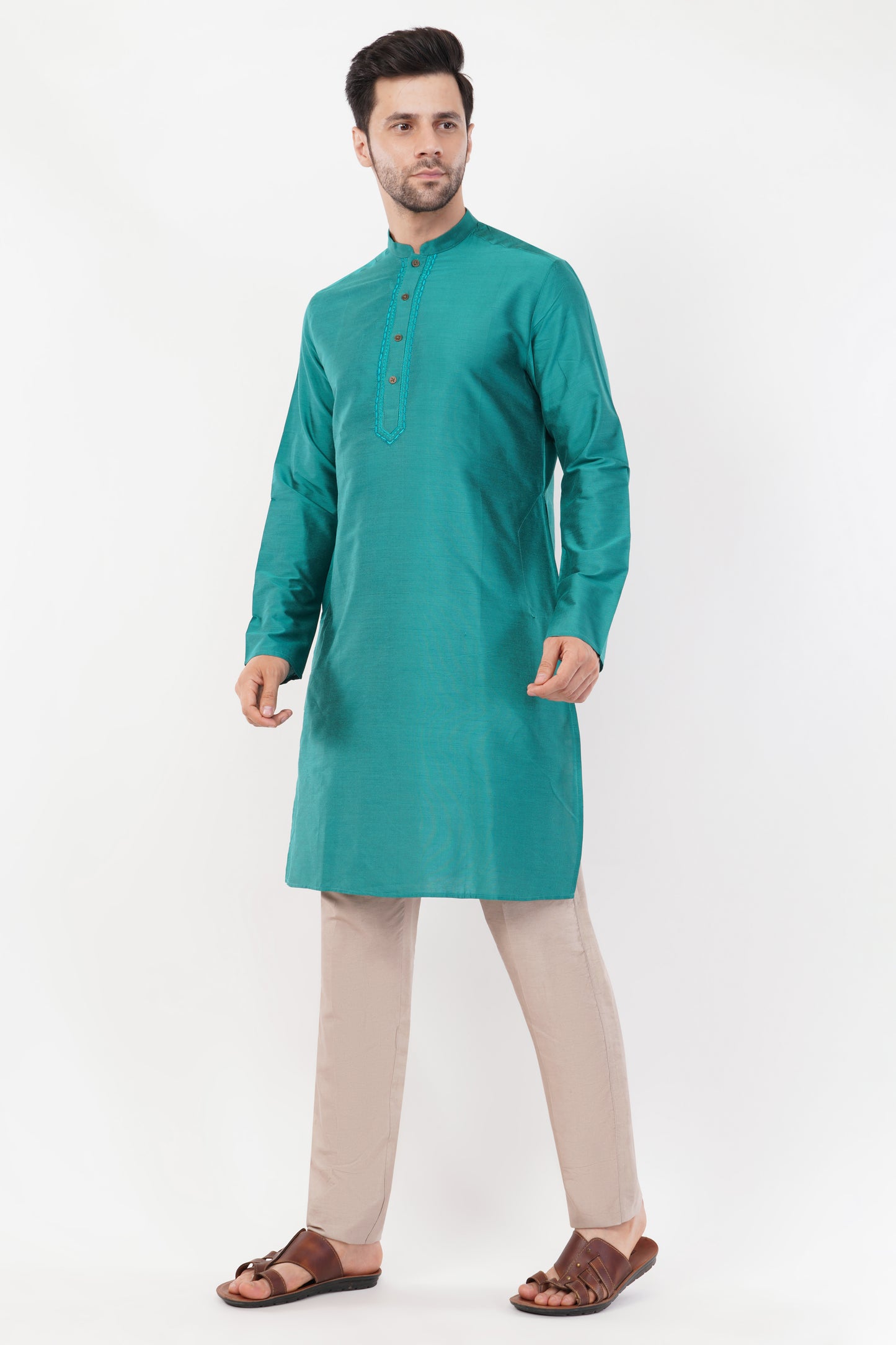 Teal Green Rayon Blend Subtle Embroidered Kurta Set
