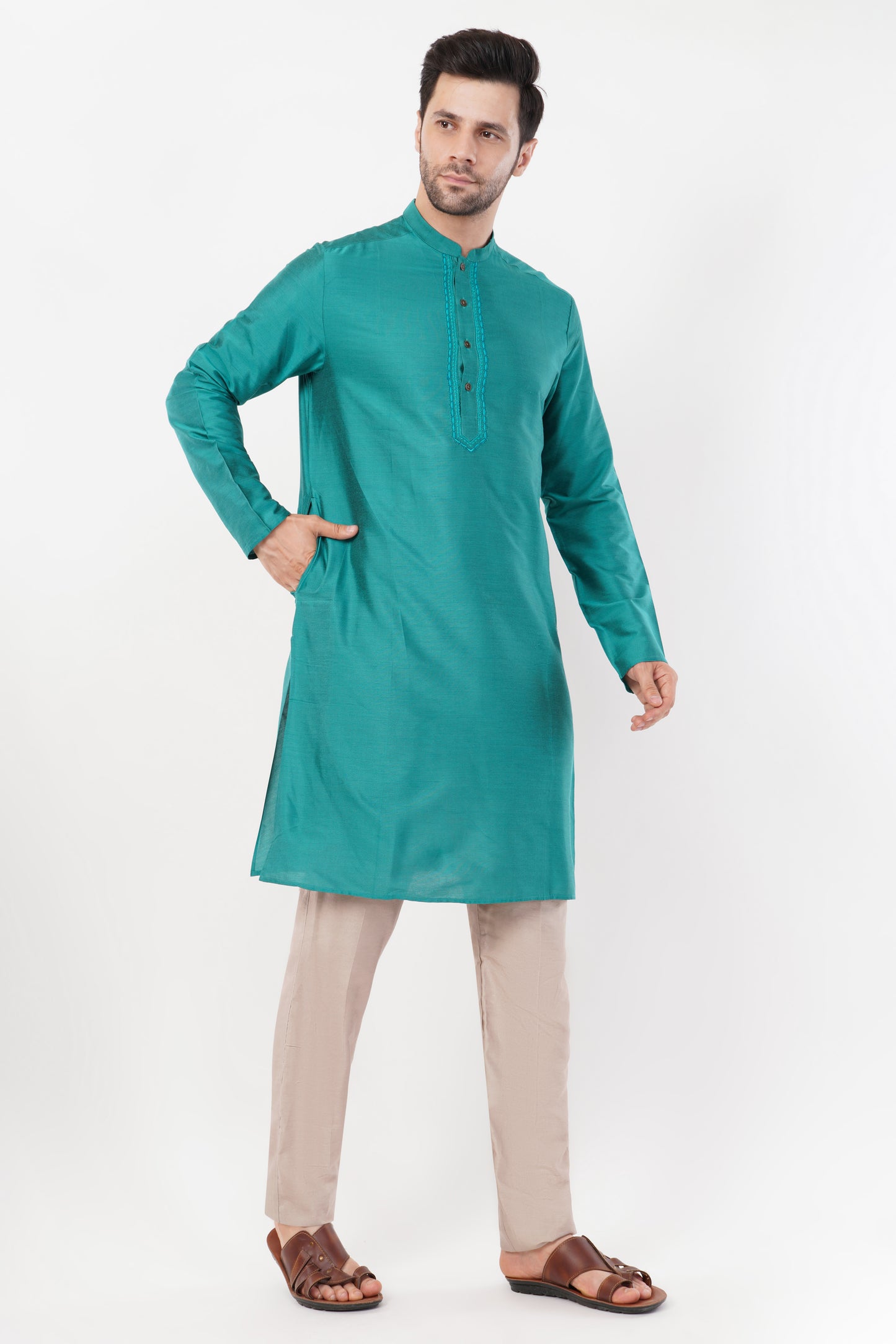 Teal Green Rayon Blend Subtle Embroidered Kurta Set