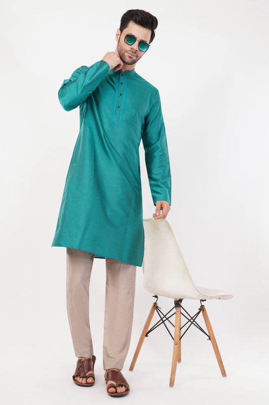 Teal Green Rayon Blend Subtle Embroidered Kurta Set