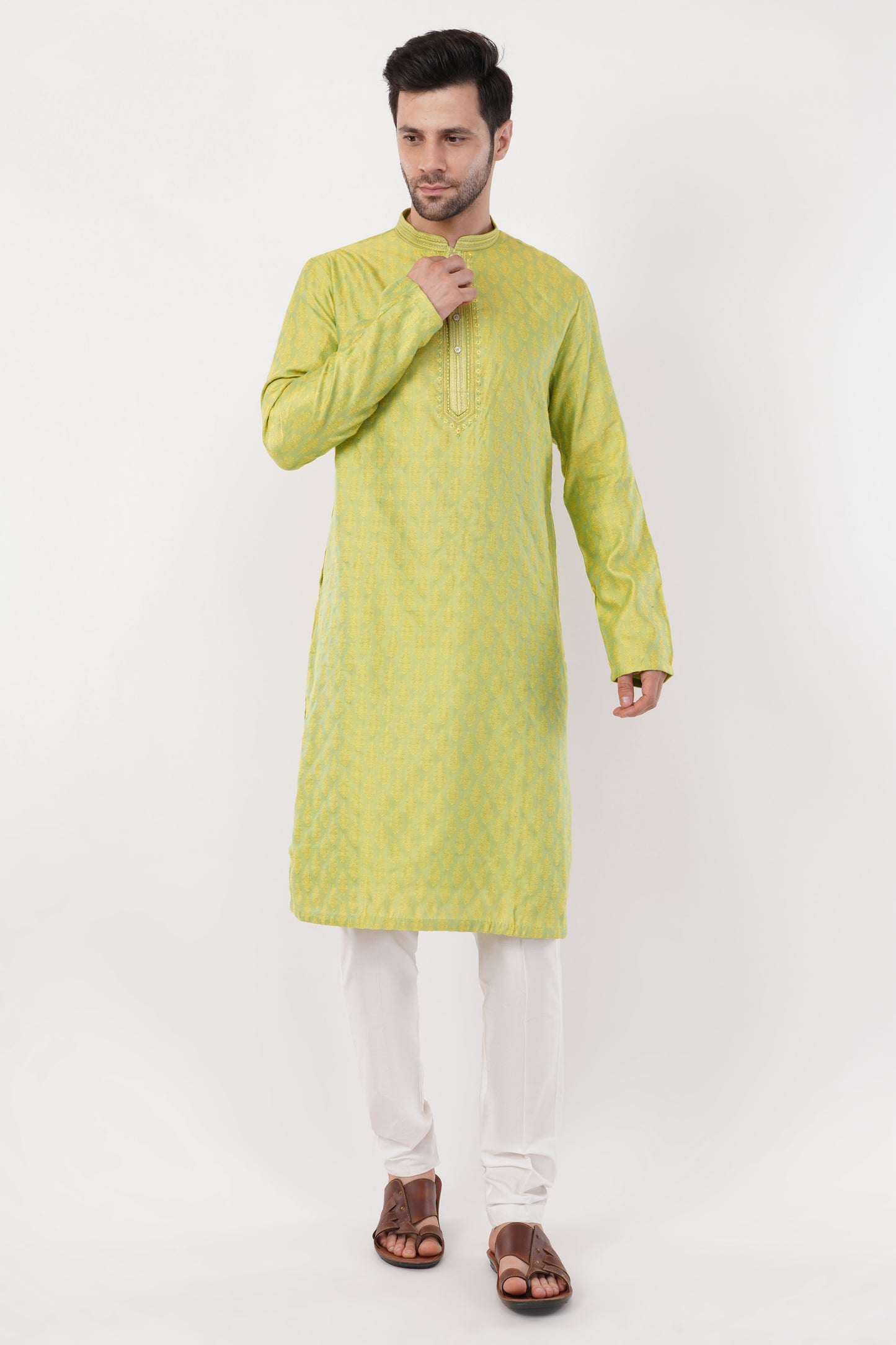 Vibrant Lime Green Rayon Blend Zari Kurta Set