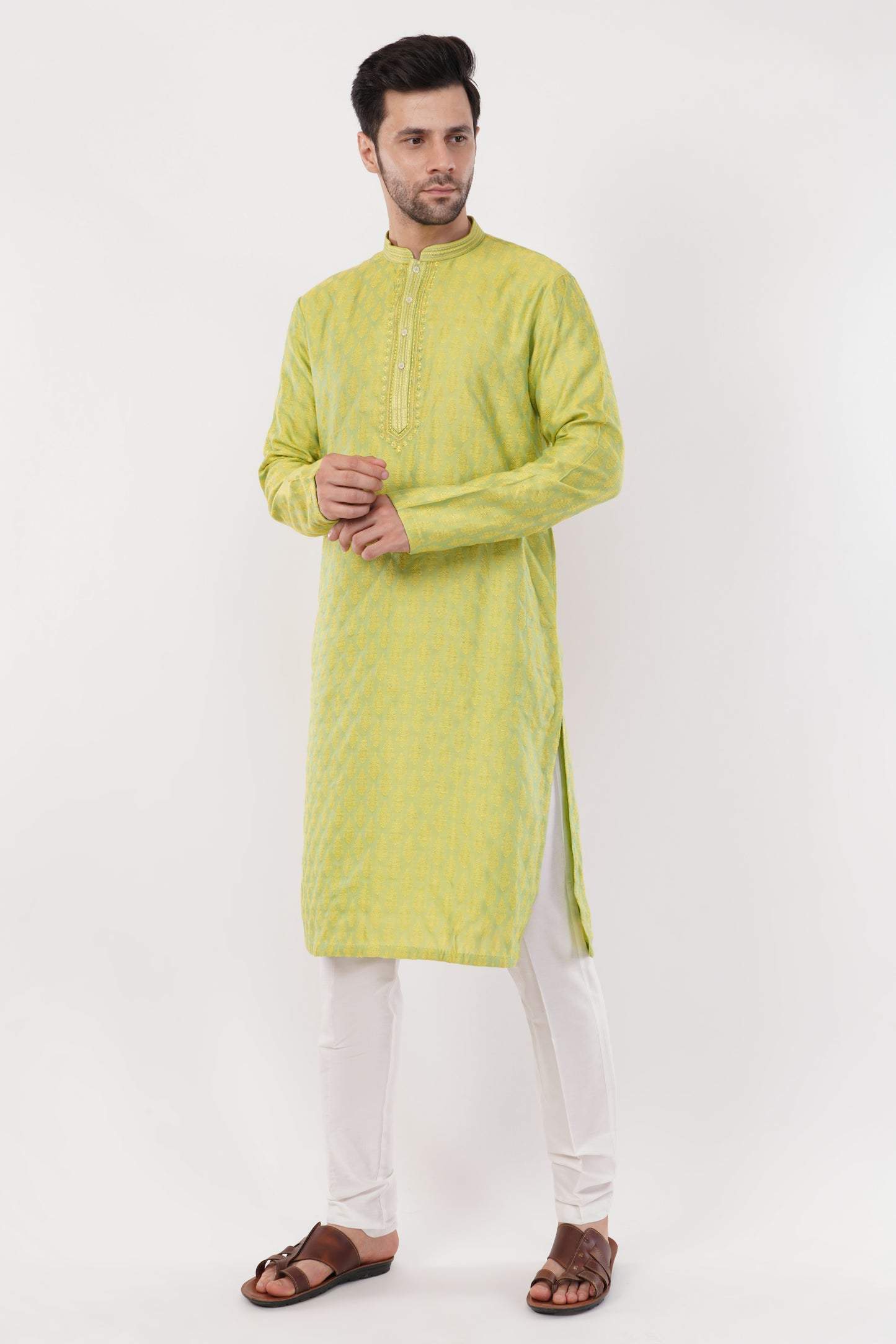 Vibrant Lime Green Rayon Blend Zari Kurta Set