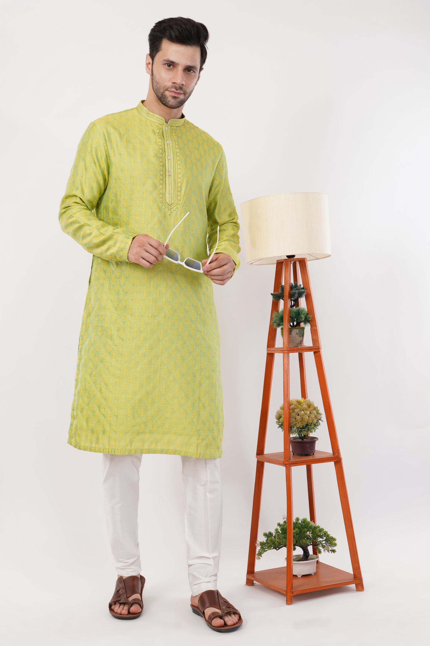 Vibrant Lime Green Rayon Blend Zari Kurta Set