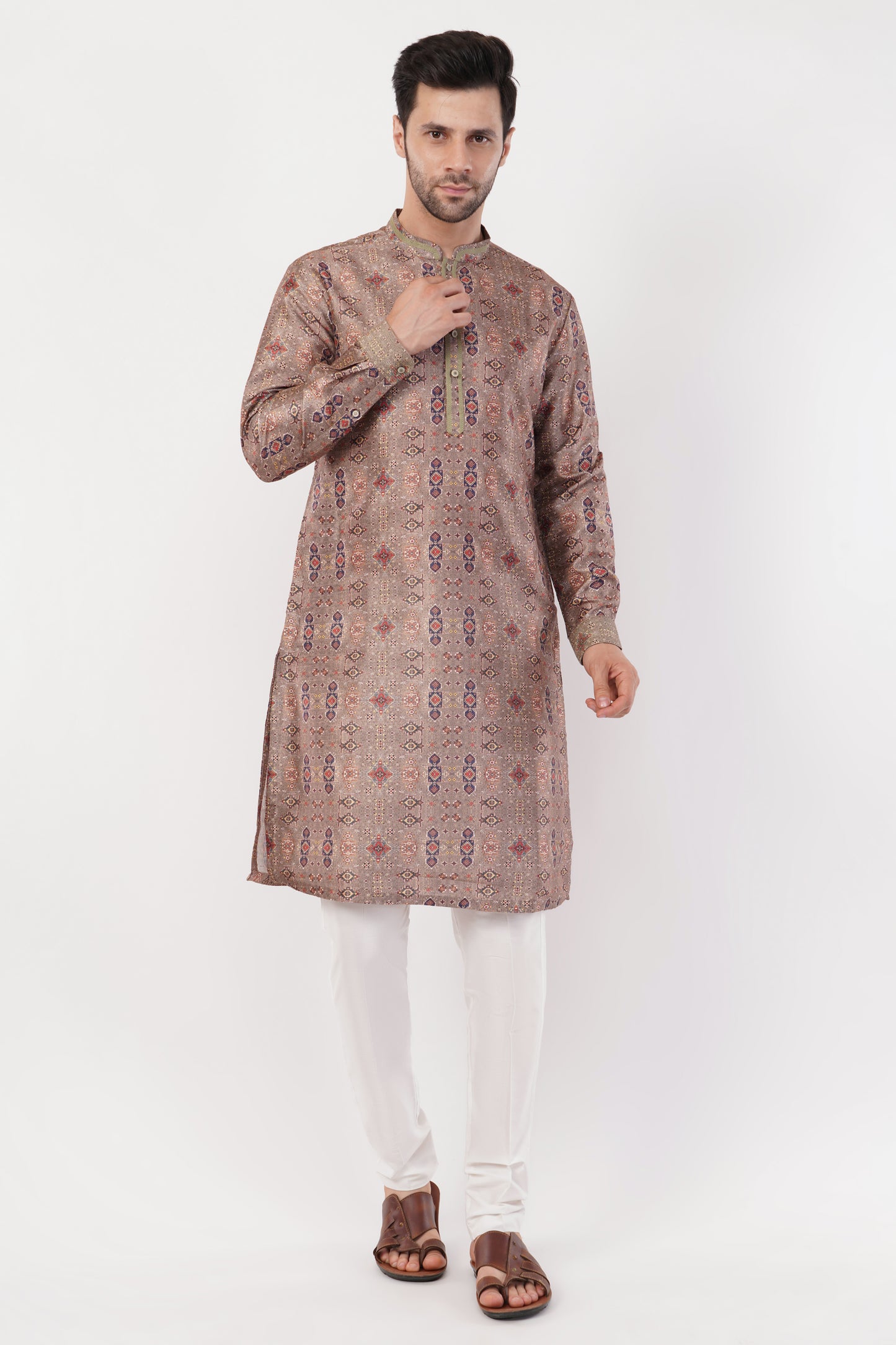 Elegant Beige Stichline Printed Polyester Kurta Set