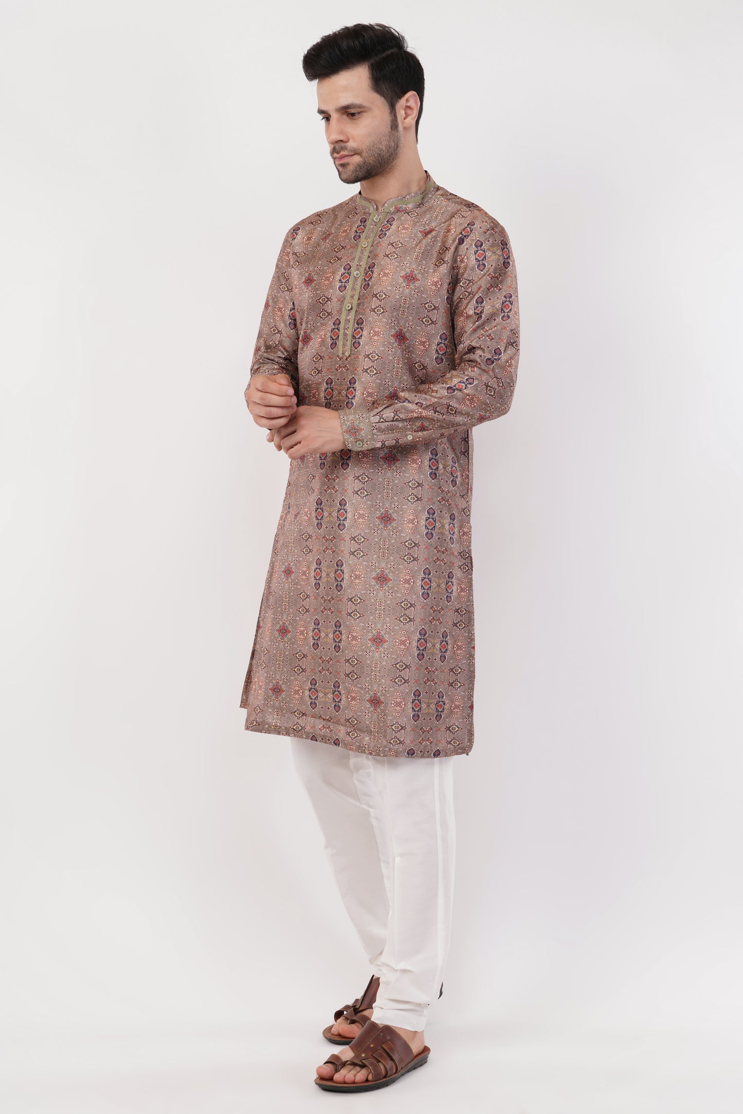 Elegant Beige Stichline Printed Polyester Kurta Set