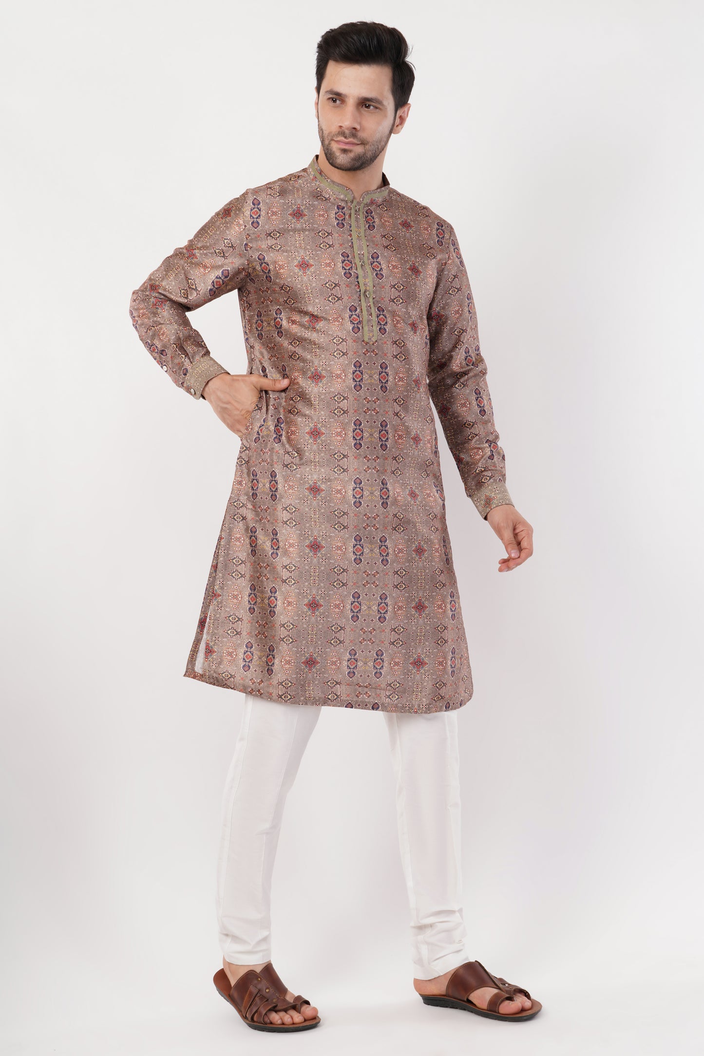 Elegant Beige Stichline Printed Polyester Kurta Set