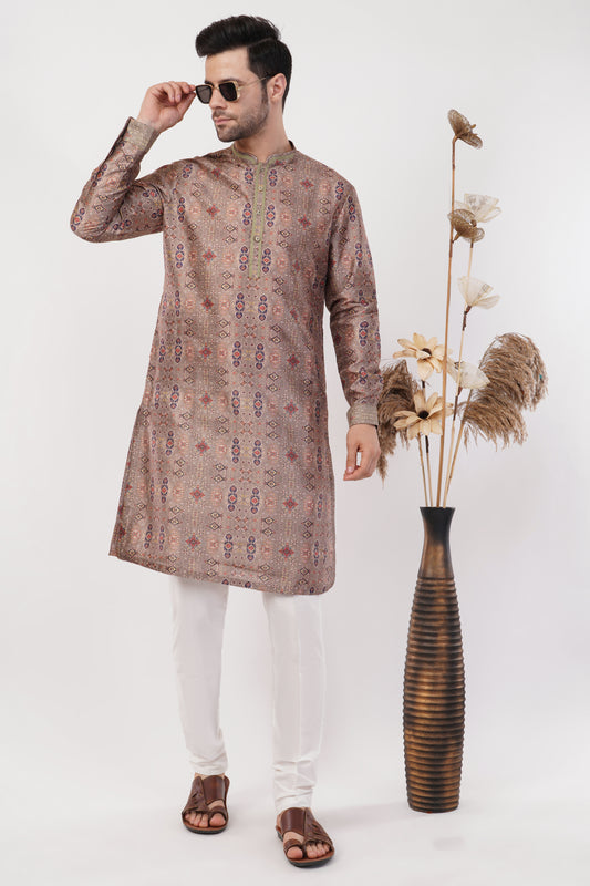 Elegant Beige Stichline Printed Polyester Kurta Set