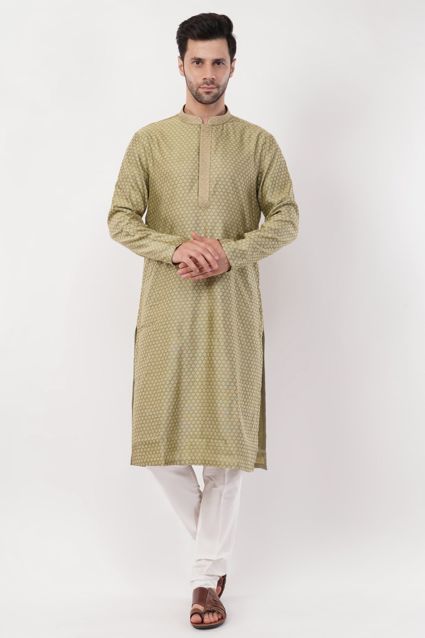 Light Olive Green Printed Ployester Kurta Set