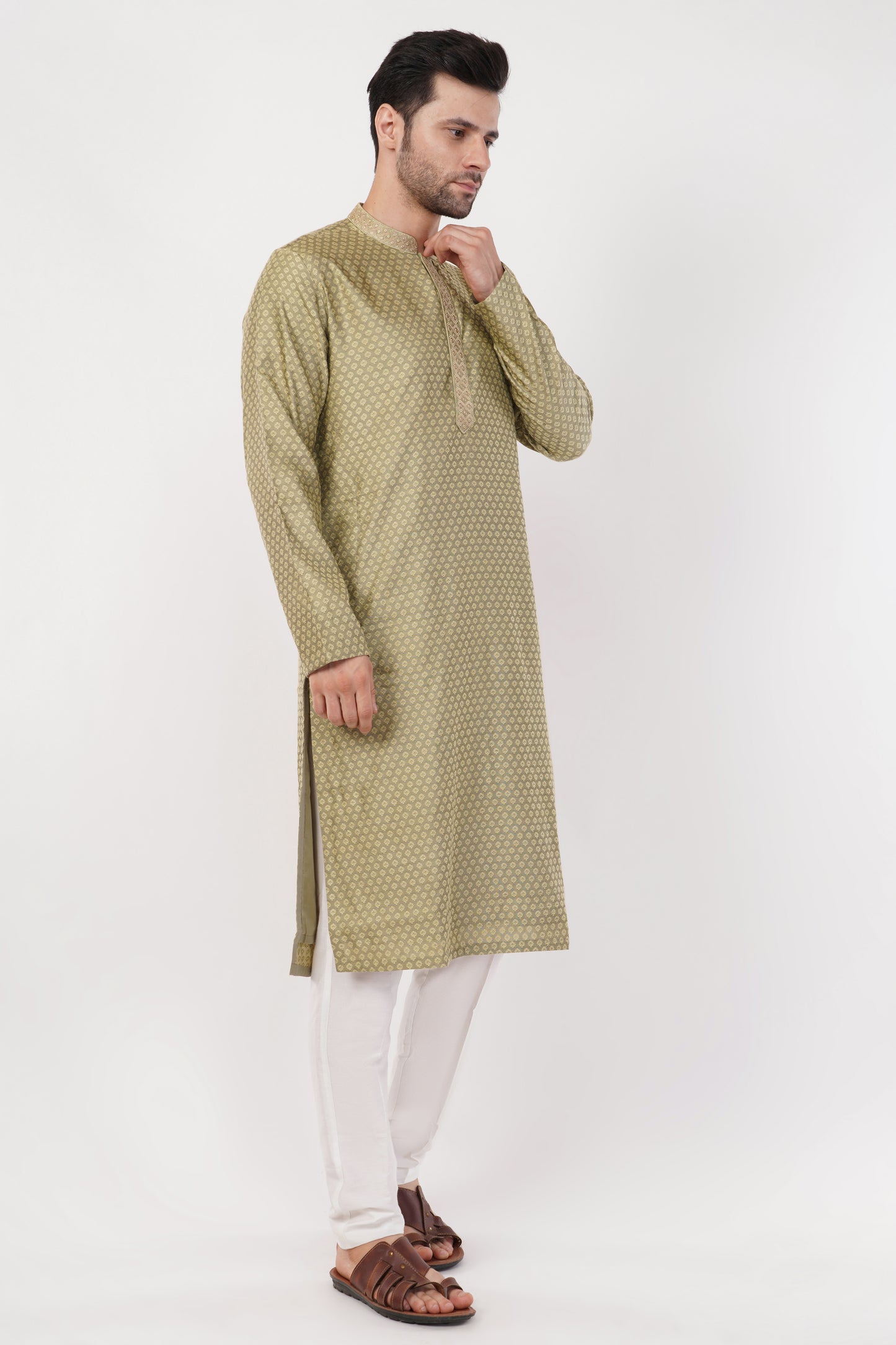 Light Olive Green Printed Ployester Kurta Set