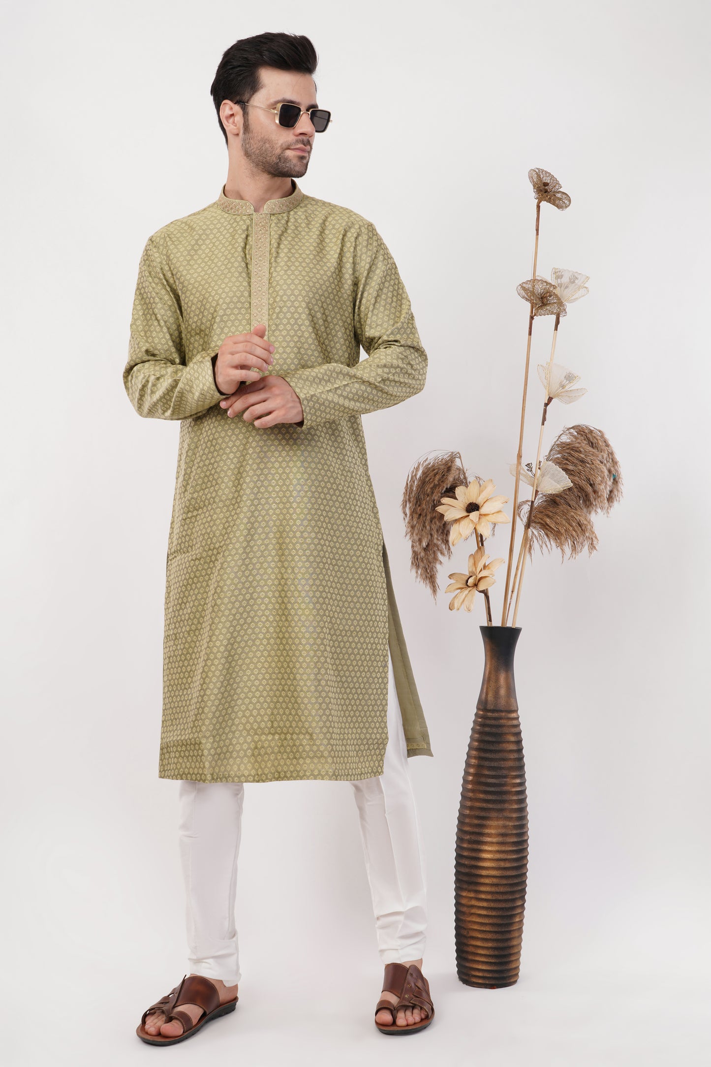 Light Olive Green Printed Ployester Kurta Set